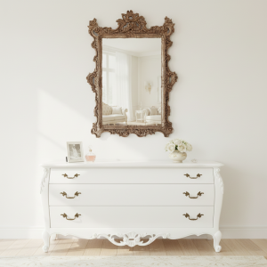 Antica specchiera vintage con cornice intagliata a mano