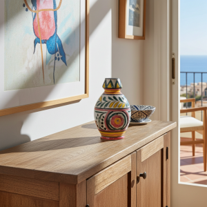 Antico vaso in terracotta dipinto a mano decoro geometrico