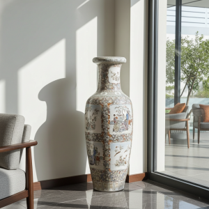 Antico vaso molto grande orientale con istoriografie dipinte a smalto