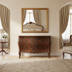 Kommode im Stil Louis XV aus massivem Nussbaumholz mit zwei Schubladen und ziselierten Griffen