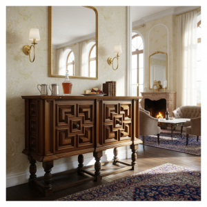 Credenza in legno bugnato con intarsi