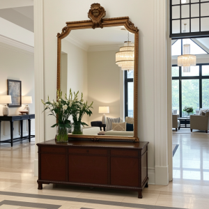 Grande specchiera dorata con figura di donna