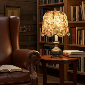Lampada da tavolo con paralume decorato base in bronzo