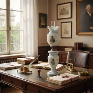 Antica lampada vittoriana ad olio in vetro opaline