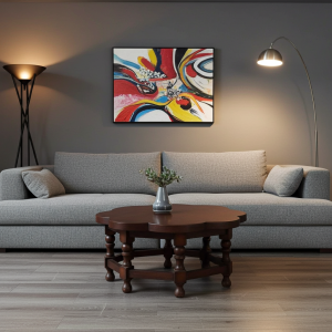 Tavolino rotondo in legno di rovere con piano a fiore