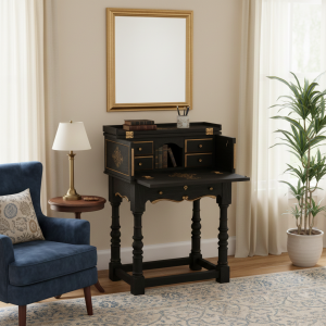 Scrittoio a ribalta in legno nero e oro