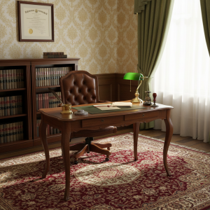 Tavolo scrittoio rettangolare, piano in vetro e due cassetti