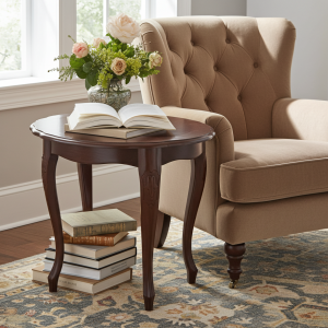 Tavolino rotondo da salotto in legno color noce