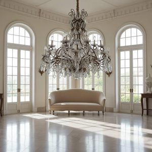 Importante lampadario 24 luci in cristallo e bronzo